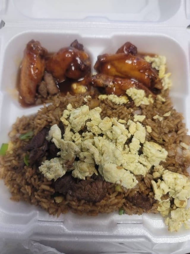 Wings and Beef Fried Rice with a Drink.