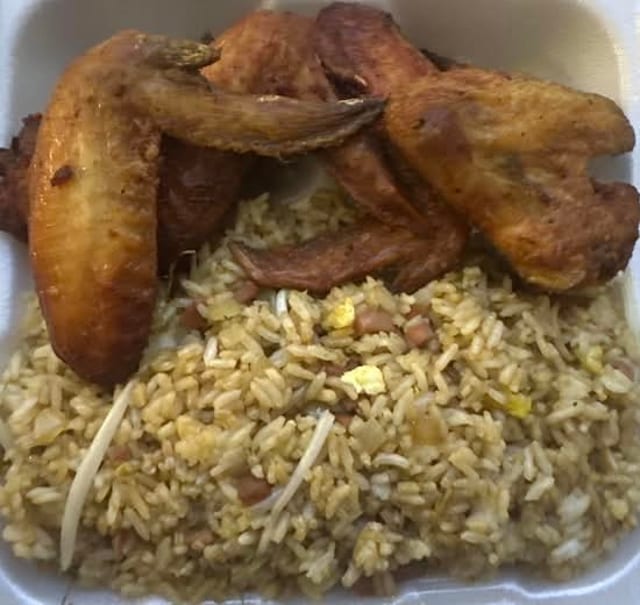 Four Whole Wings and Chicken Fried Rice.